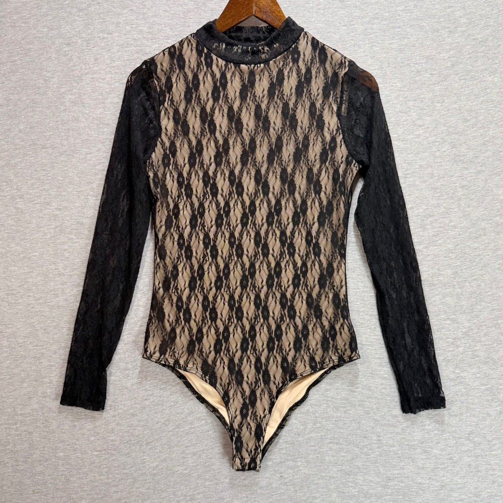 SELFIE Lace Bodysuit Womens Medium Black Nude Mock Neck Long Sleeve Goth Party